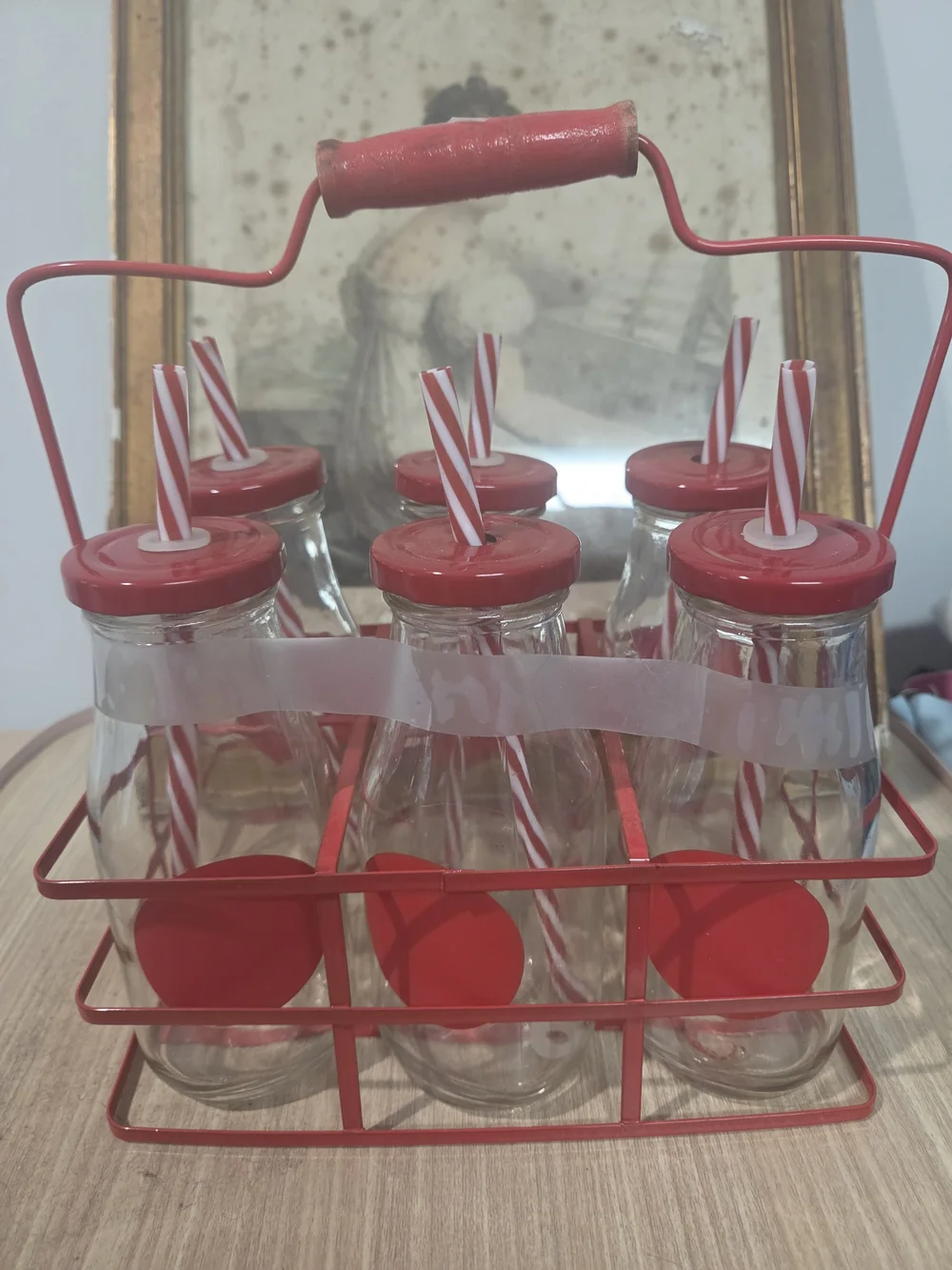PIER 1 VINTAGE JULY 4TH Set of 6 Glasses with Red Striped Straws and Carrier